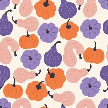 Seamless pattern of colorful hand drawn pumpkins on light background. イラスト素材