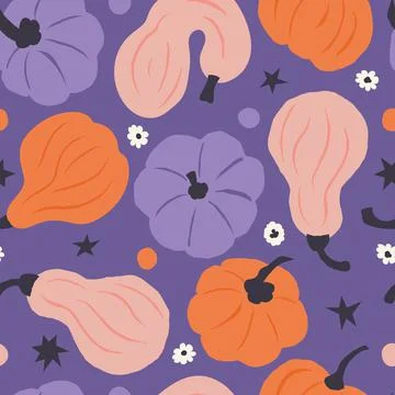 Seamless pattern of colorful hand drawn pumpkins on purple background. Stock Illustration