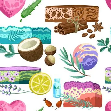 Seamless pattern with colorful hand made soap illustrations isolated on white Stock Illustration