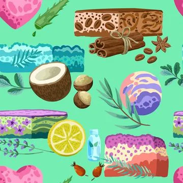 Seamless pattern with colorful hand made soap illustrations isolated on white Stock Illustration