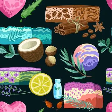 Seamless pattern with colorful hand made soap illustrations isolated on white Illustrazione stock