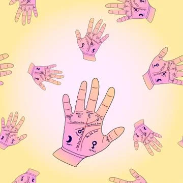 Seamless pattern with colorful hand for reading palm, palm for reading cards. Stock Illustration