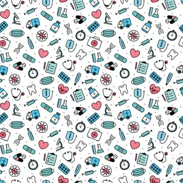 Seamless pattern with colorful health objects on white background. Hand drawn Stock Illustration