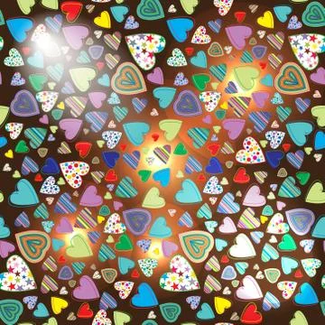 Seamless pattern of colorful hearts on a dark background with il Stock Illustration