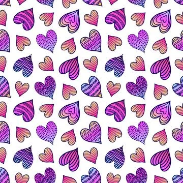 Seamless pattern with colorful hearts in doodle style on white background. 스톡 일러스트