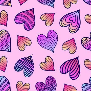 Seamless pattern with colorful hearts in doodle style on pink background. Stock Illustration