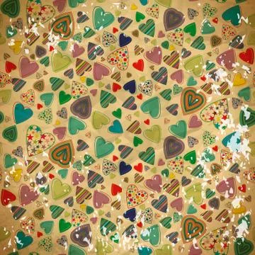 Seamless pattern of colorful hearts on old shabby paper Stock Illustration