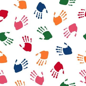 Seamless pattern with colorful human palms. Children's handprint. Vector. Stock Illustration