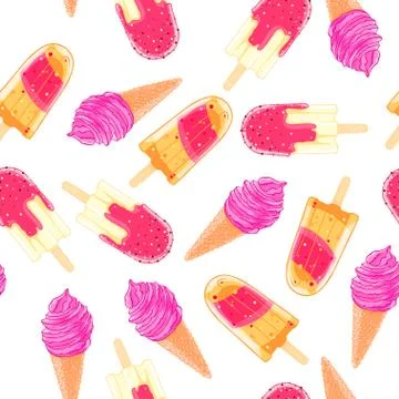 Seamless pattern with colorful ice cream cone and popsicle. Summer texture Stock Illustration