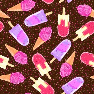 Seamless pattern with colorful ice cream cone and popsicle. Summer texture Stock Illustration