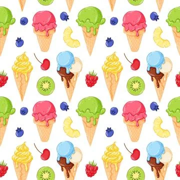 Seamless pattern with colorful ice cream cone with kiwi, raspberry, cherry Stock Illustration