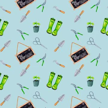 Seamless pattern with colorful illustrations of garden tools &amp; other elements 库存插图