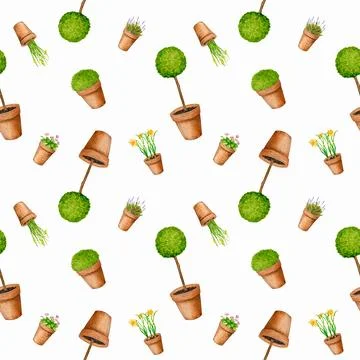Seamless pattern with colorful illustrations of potted garden plants. Stock Illustration