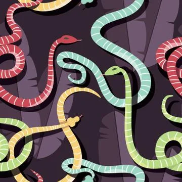 Seamless pattern with colorful intertwined striped rain forest snakes Stock Illustration
