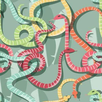 Seamless pattern with colorful intertwined striped rain forest snakes Stock Illustration