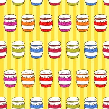 Seamless pattern colorful jars with jam in doodle style Stock Illustration