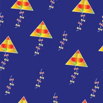 Seamless pattern with colorful kites on blue background Illustrazione stock