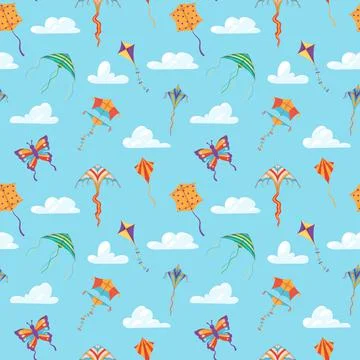 Seamless pattern with colorful kites on sky backdrop flat vector illustration. Stock Illustration