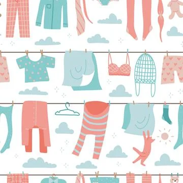 Seamless pattern with colorful laundry drying on a washing lines. Vector flat Stock Illustration