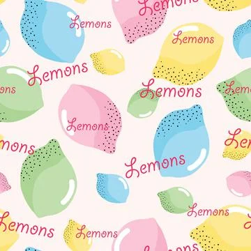 Seamless pattern colorful lemons with text Stock Illustration