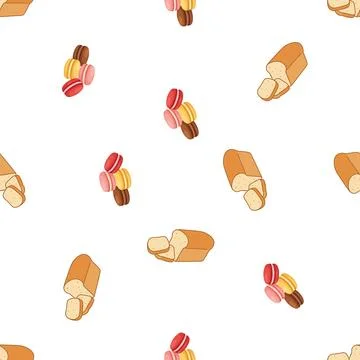Seamless pattern with colorful macarons and fresh sliced bread loaves. Stock-Illustration