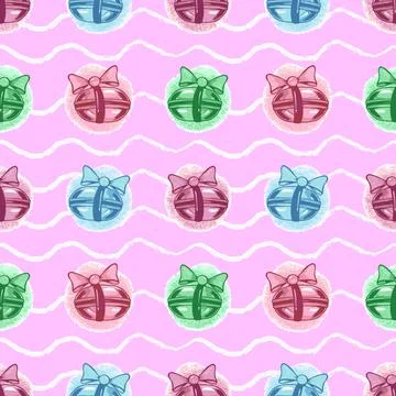 Seamless pattern with colorful macarons, bow. Wave striped background. Stock Illustration