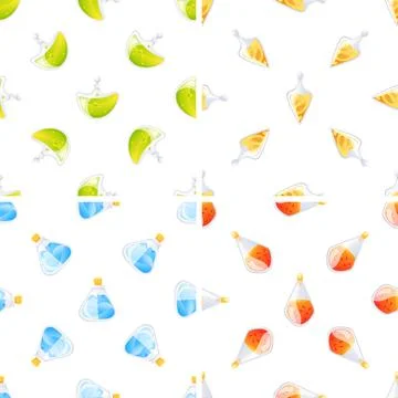 Seamless pattern with colorful magic potions in bottles and vials, repeating on Stock Illustration
