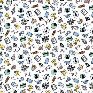 Seamless pattern with colorful marketing objects on white background. Hand drawn Stock Illustration