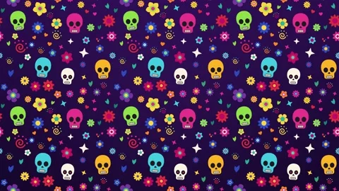 Seamless pattern of colorful mini skulls and flowers scrolling on purple 库存影片 348259267