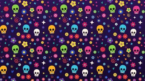 Seamless pattern of colorful mini skulls and flowers scrolling on purple, D.. Stock Illustration