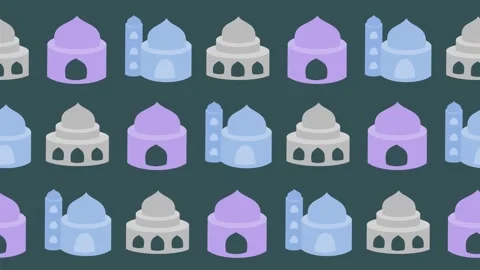 Seamless pattern with colorful mosque icons and an Islamic architecture symbol Stock Footage 330516549