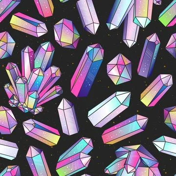 Seamless pattern with colorful multicolored crystals gems black background Stock Illustration