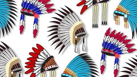 Seamless pattern of colorful Native American feather headdresses for Herita.. Stock Illustration