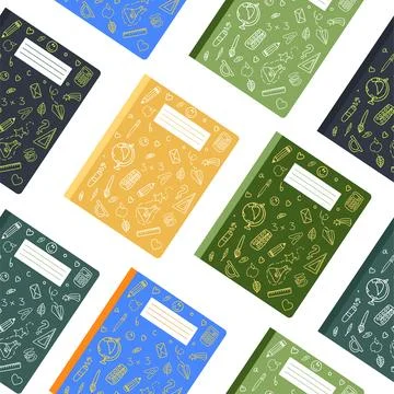 Seamless pattern of colorful notebooks with doodle drawings. Vector illustration Stock Illustration