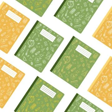 Seamless pattern of colorful notebooks with doodle drawings. Vector illustration Stock Illustration