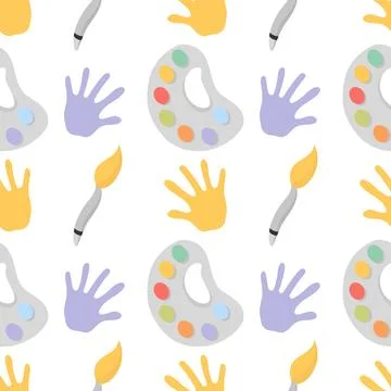 Seamless pattern of colorful paint brushes and palms 스톡 일러스트