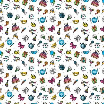 Seamless pattern with colorful party objects on white background. Hand drawn Stock Illustration