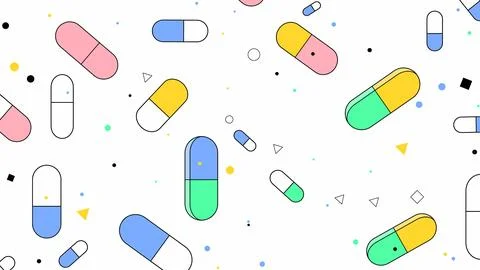 Seamless pattern of colorful pills and capsules on white background Stock Illustration
