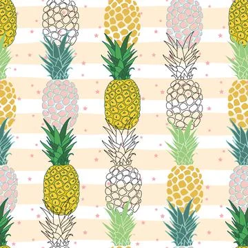 Seamless pattern with colorful pineapples on stripes and stars Stock Illustration