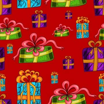 Seamless pattern with colorful presents on a red background Stock Illustration