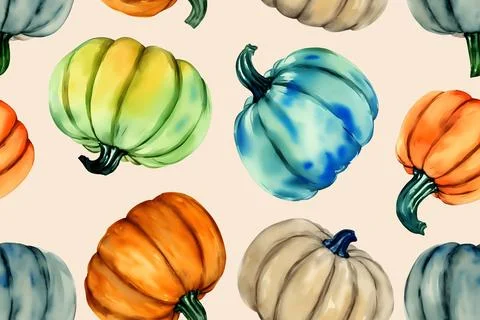 Seamless pattern of colorful pumpkins. Flat style. Watercolor Vector Stock Illustration