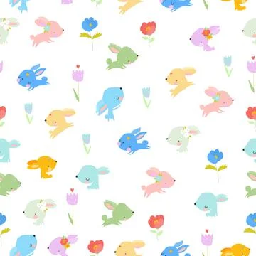 Seamless Pattern with Colorful Rabbits on White Background Stock Illustration