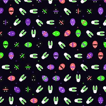Seamless pattern with colorful retro alien space pixel art elements on dark.. Stock Illustration