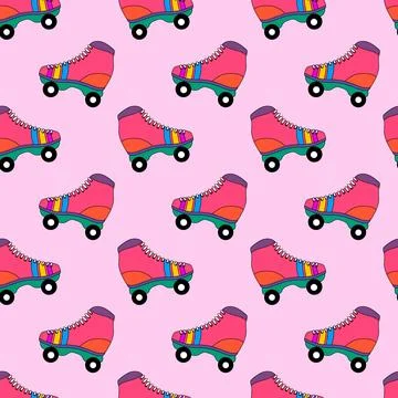 Seamless pattern with colorful retro roller skates. Vintage style 90s, 80s, 70s Stock Illustration