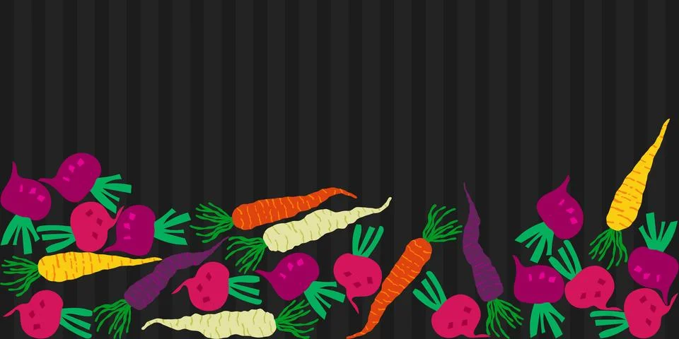 Seamless pattern of colorful root vegetables on a dark background Stock Illustration