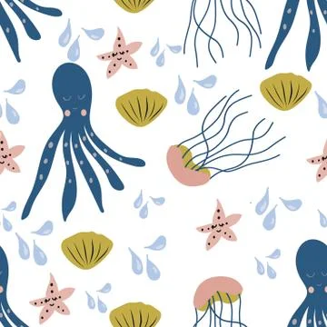 Seamless pattern with colorful sea creatures. Stock Illustration