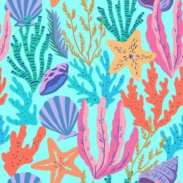 Seamless pattern with colorful sea elements, corals, seaweeds, shells and s.. Illustrazione stock