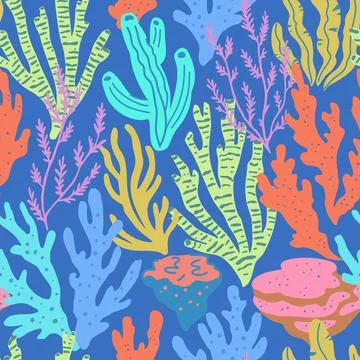 Seamless pattern with colorful sea elements, corals, seaweeds, shells and s.. Illustrazione stock