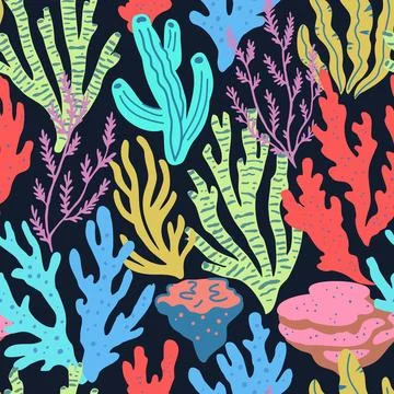 Seamless pattern with colorful sea elements, corals, seaweeds, shells and s.. Illustrazione stock