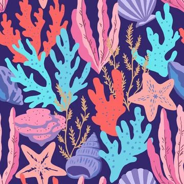 Seamless pattern with colorful sea elements, corals, seaweeds, shells and s.. Illustrazione stock